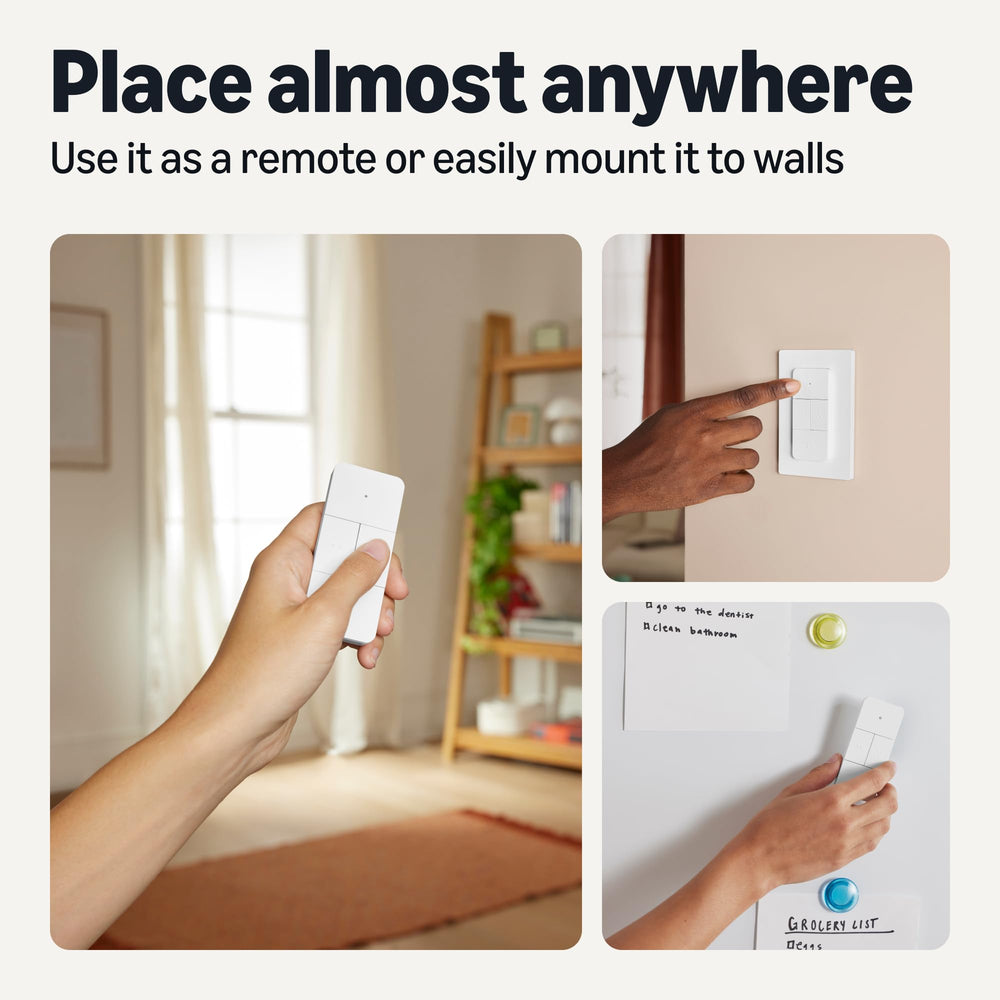 Amazon Basics smart dimmer switch and remote in use controlling lights from couch.