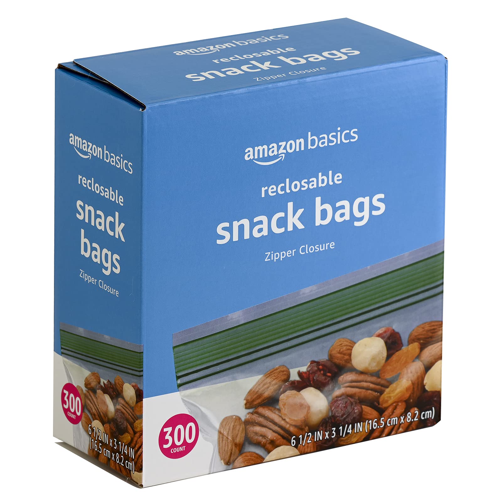 Amazon Basics snack bags sized 3.5 x 6.5 inches for compact portions.