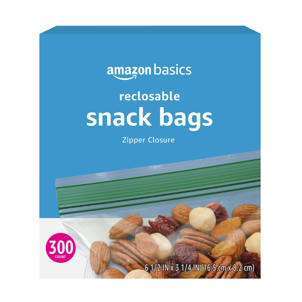 Amazon Basics snack bags ready for lunchboxes and on-the-go snacks.