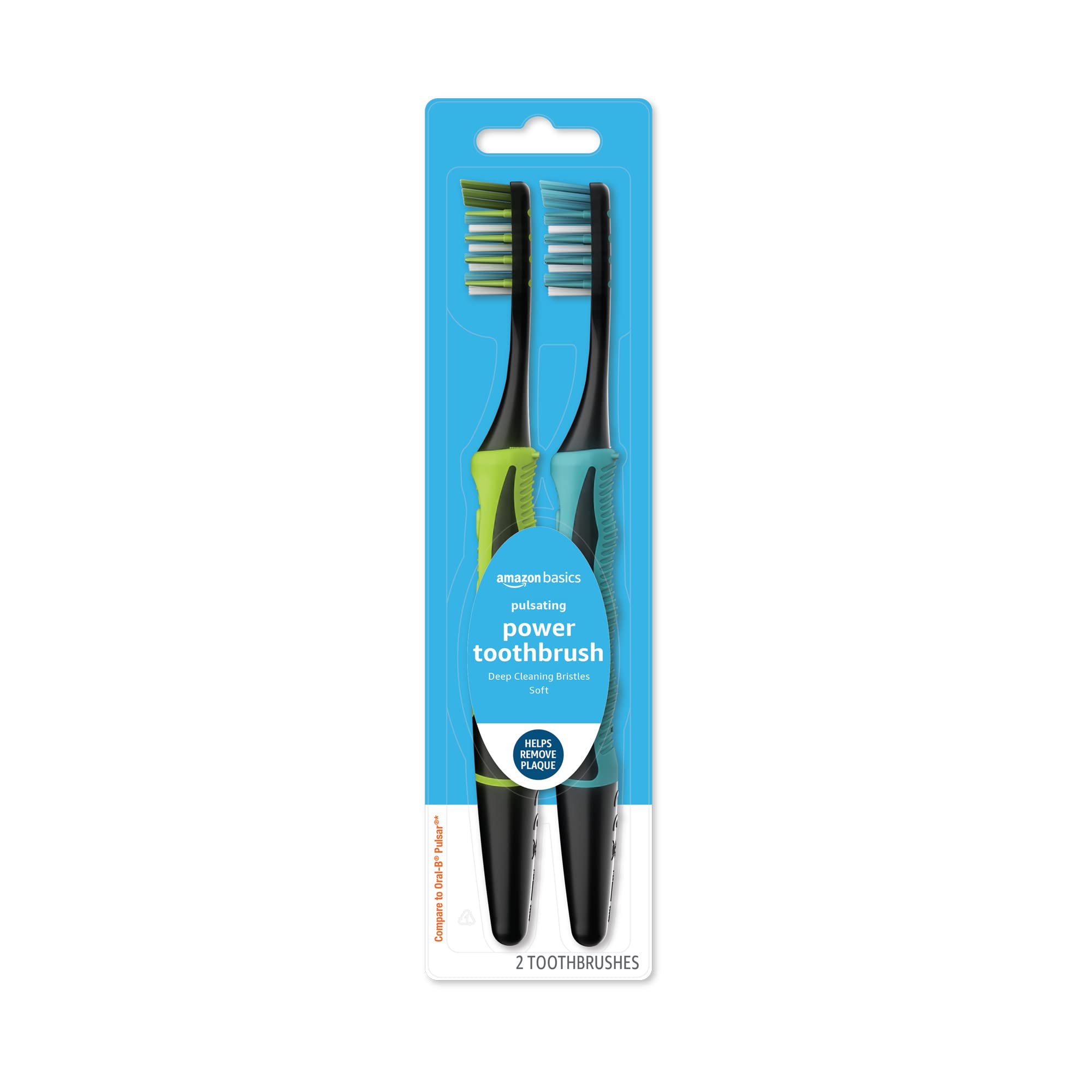 Amazon Basics soft electric toothbrush duo front view with assorted colors for gentle gum care