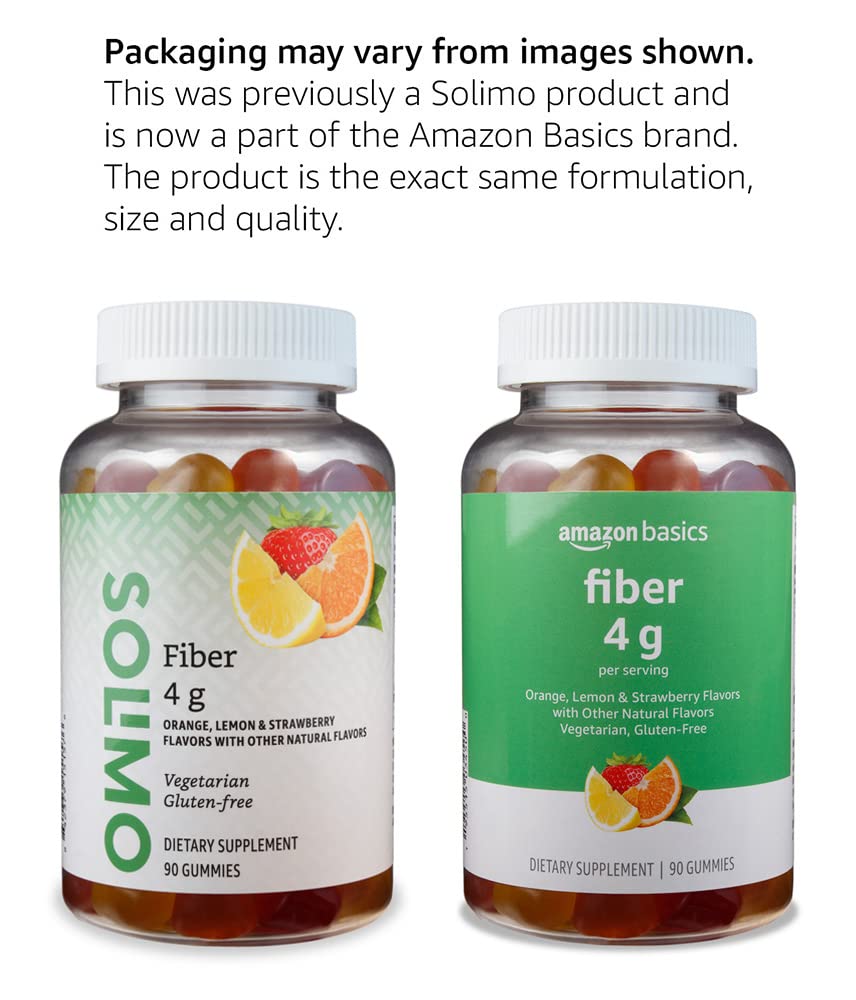 Amazon Basics Soft Fiber Gummies flavor variety orange, lemon, strawberry.