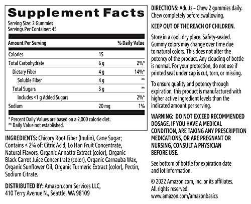 Amazon Basics Soft Fiber Gummies packaging with label and ingredients.