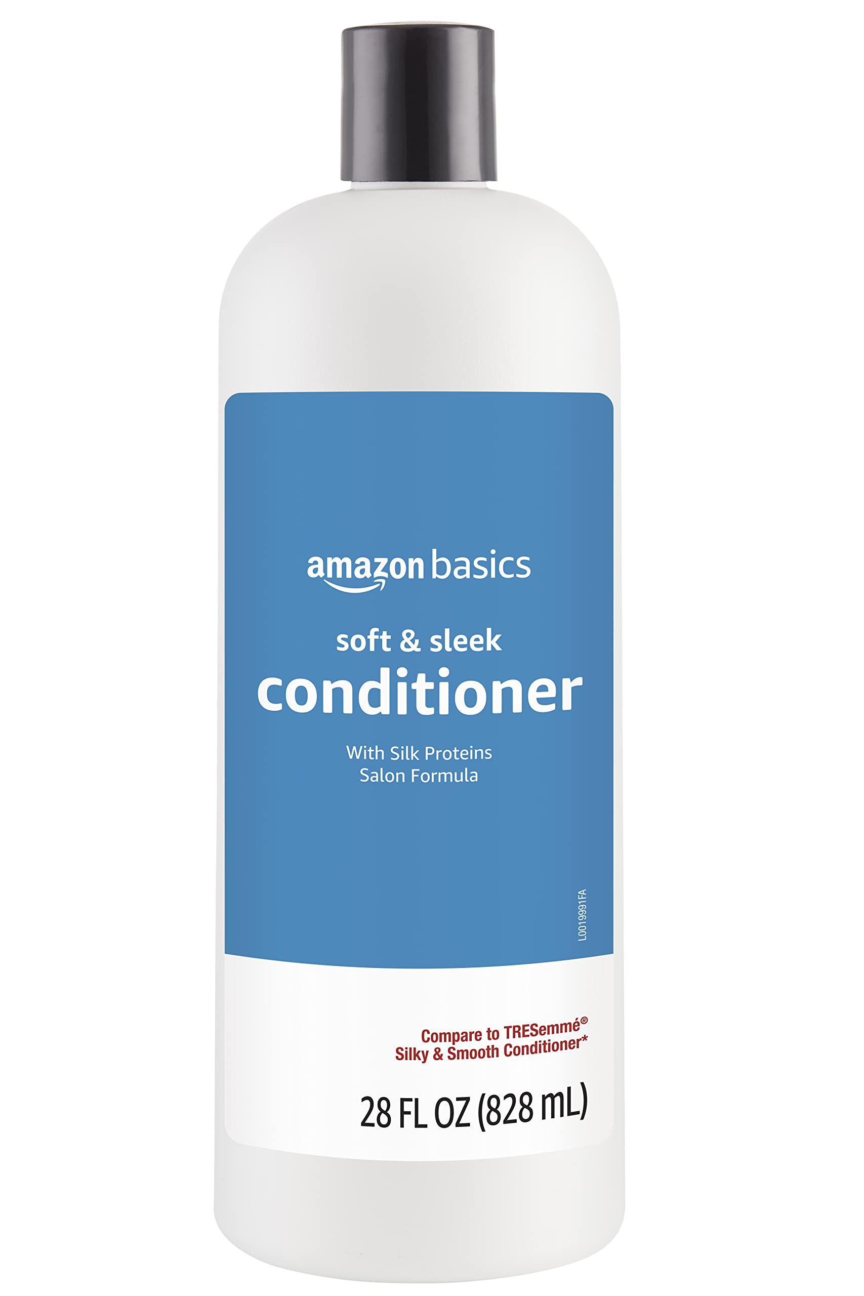 Amazon Basics Soft & Sleek conditioner with argan oil smooths frizz on dry hair.