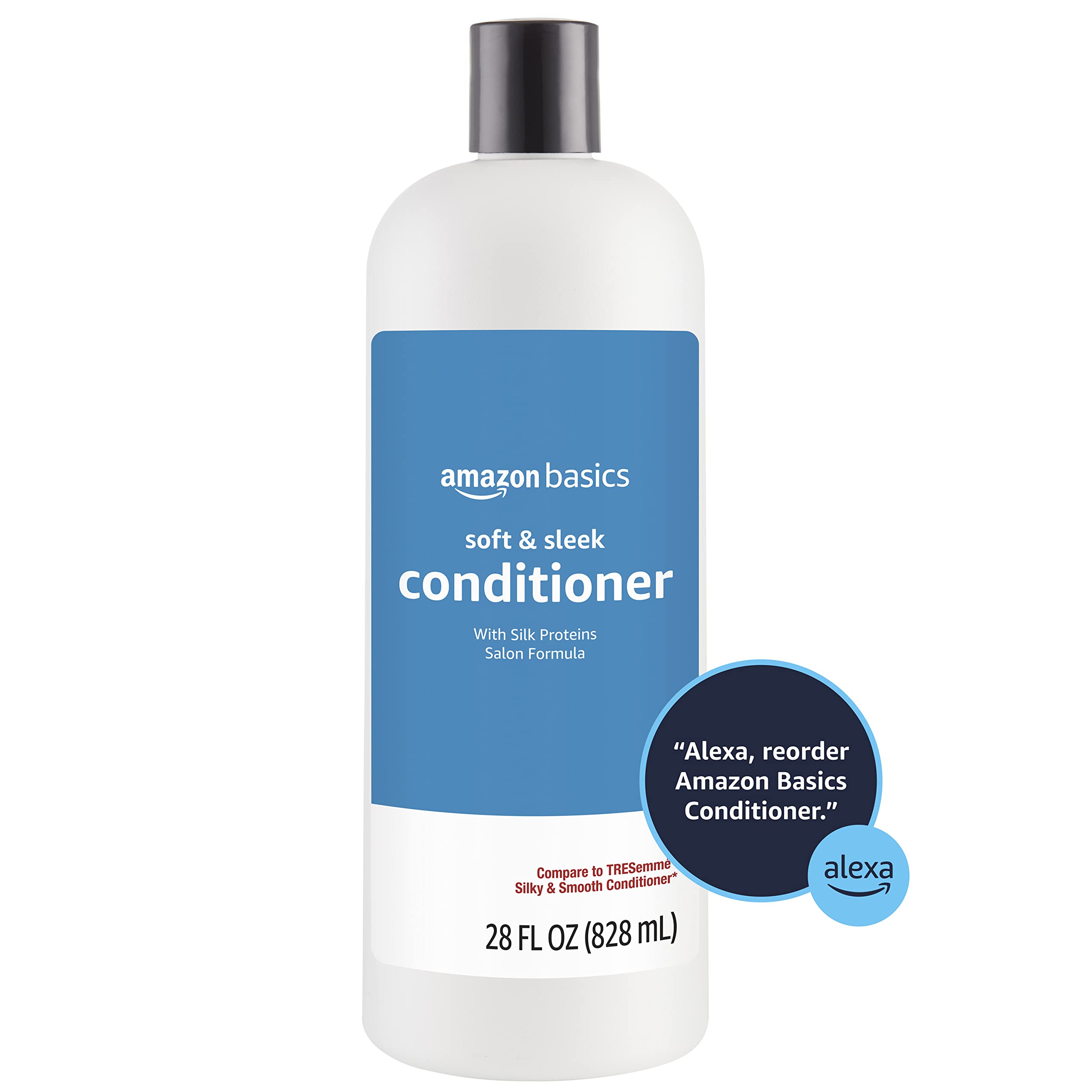 Amazon Basics Soft & Sleek conditioner bottle showcases paraben and phthalate free formula.