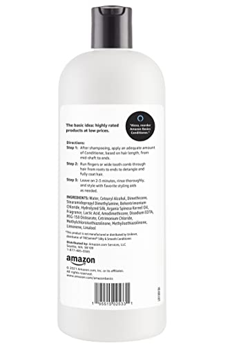 Amazon Basics conditioner bottle highlighting silk proteins for nourishment.