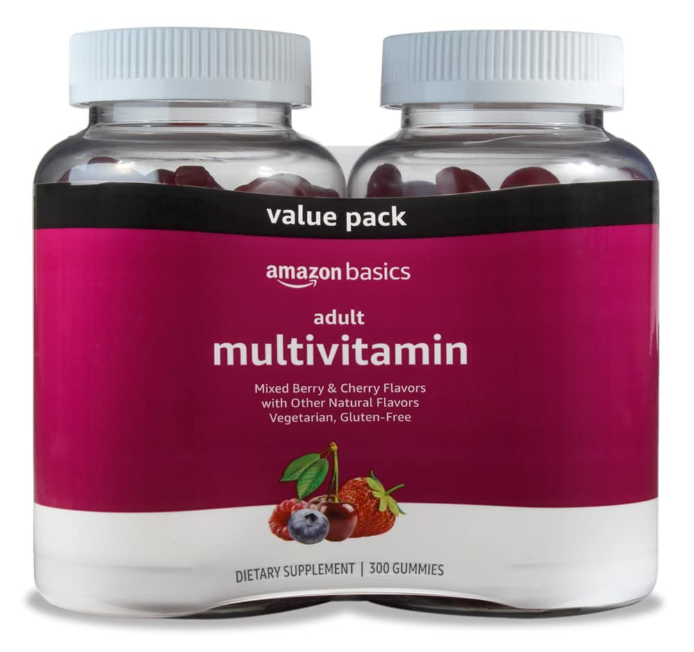 Solimo multivitamin gummies bottle shows mixed berry and cherry flavors for daily wellness.