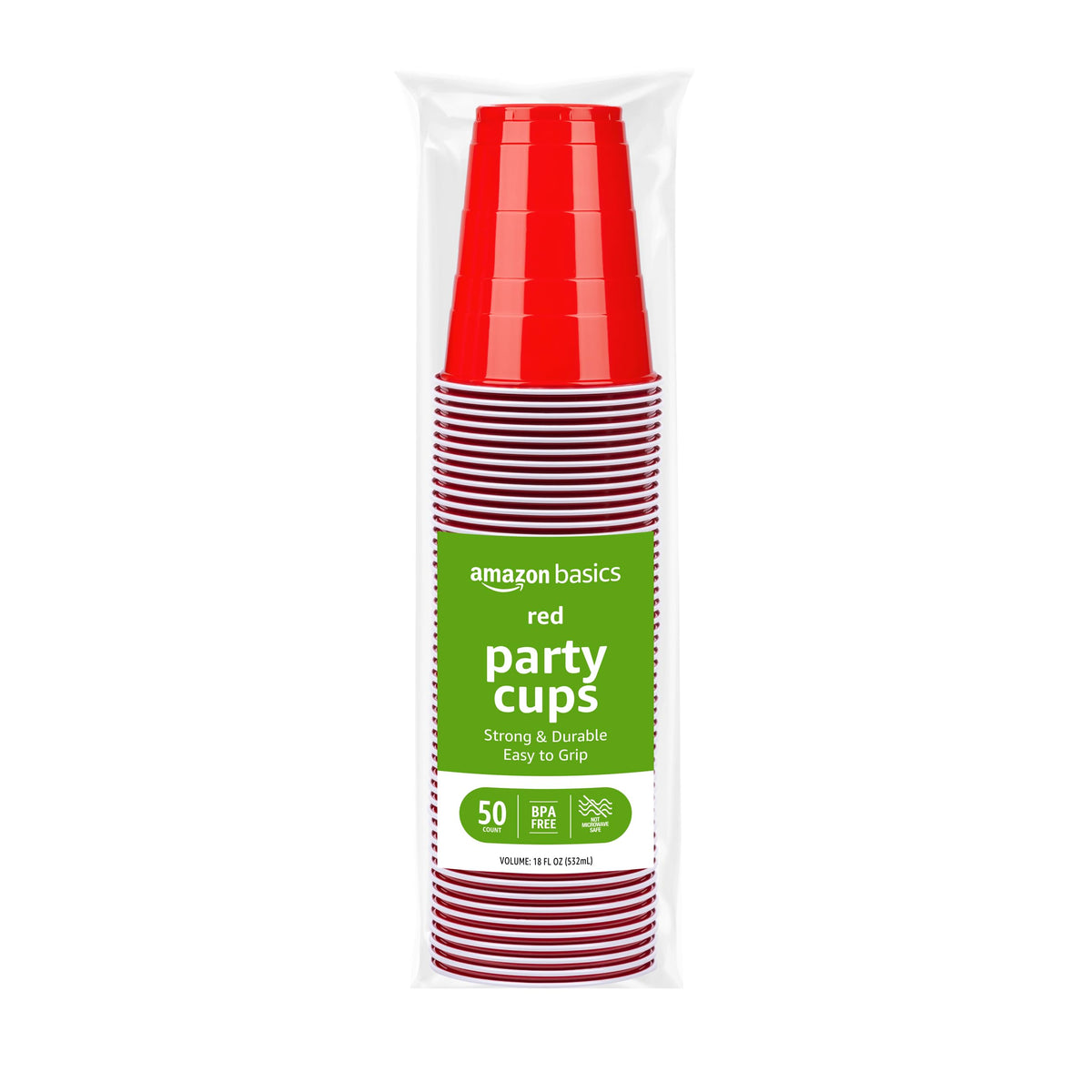 Amazon Basics sturdy red 18oz cups stacked for party service