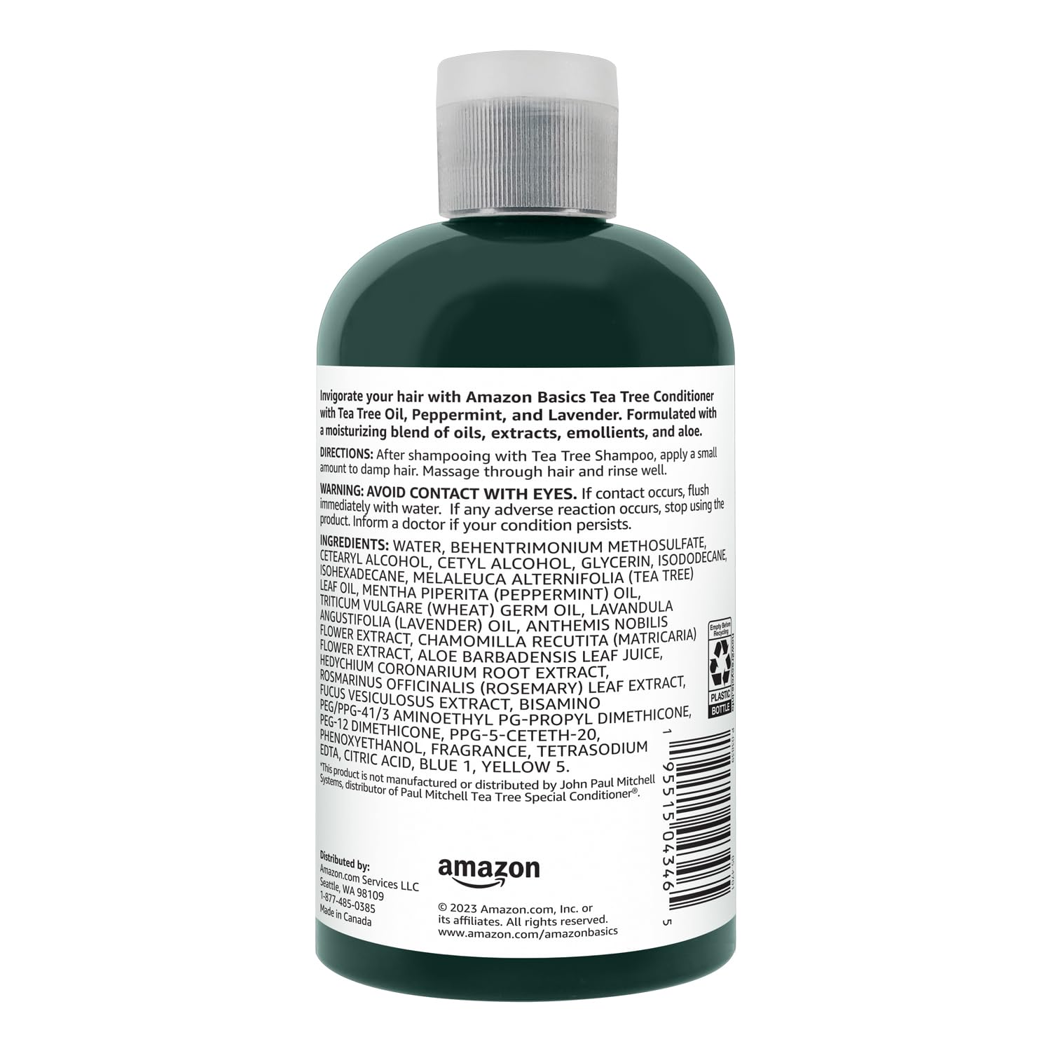 Amazon Basics Tea Tree Conditioner label highlights Tea Tree Oil, Peppermint, Lavender for a fresh scent