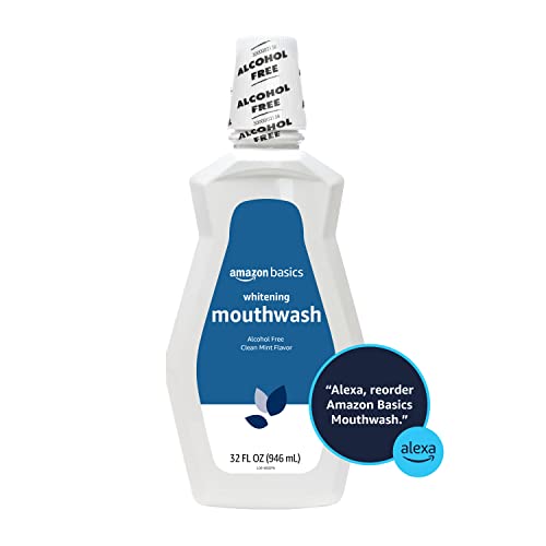 Amazon Basics Teeth Whitening Mouthwash bathroom scene suggests easy morning and night routine.
