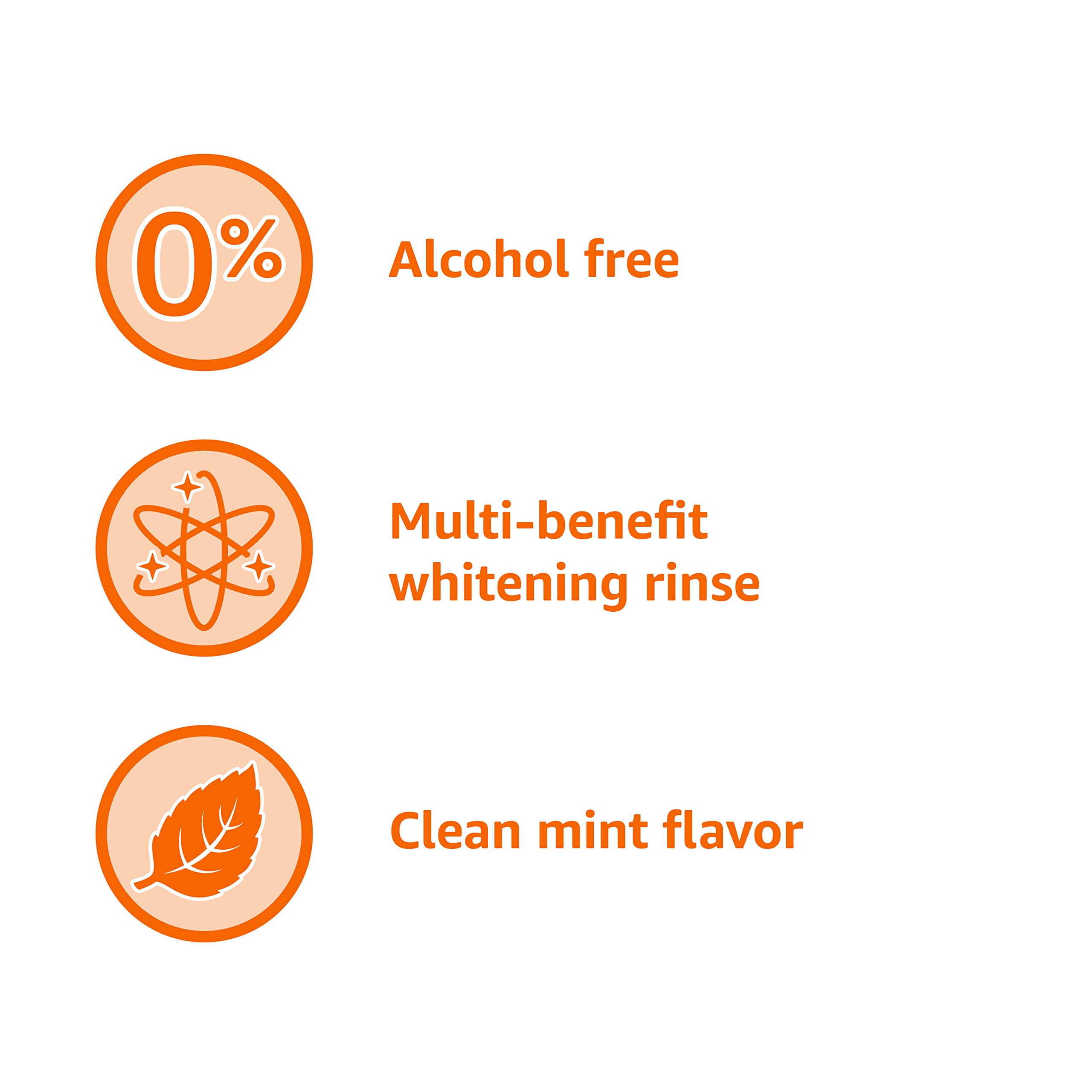 Amazon Basics Teeth Whitening Mouthwash closeup highlights stain removal and brightness.