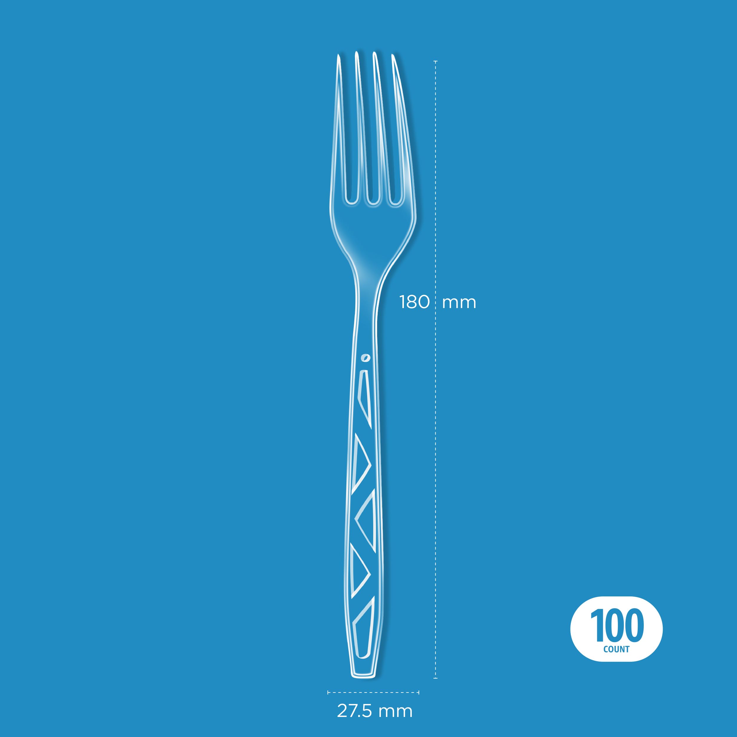Amazon Basics forks in transparent, durable material for easy, mess-free single-use meals.