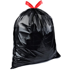 Amazon Basics trash bag with red drawstring closure for easy tying and carrying