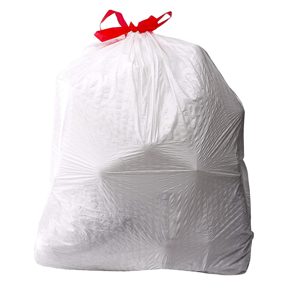 Amazon Basics red-drawstring kitchen trash bag ready for secure, easy-seal disposal