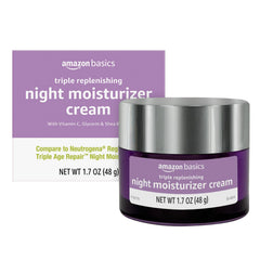 Amazon Basics triple replenishing night cream jar shown for nightly use