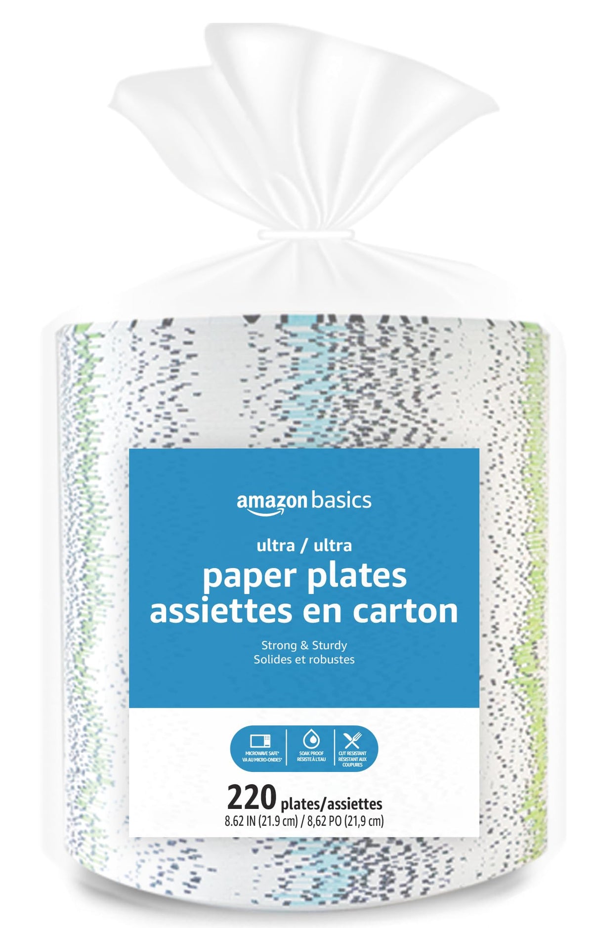 Amazon Basics ultra disposable plates in 880-count packaging for bulk party use.