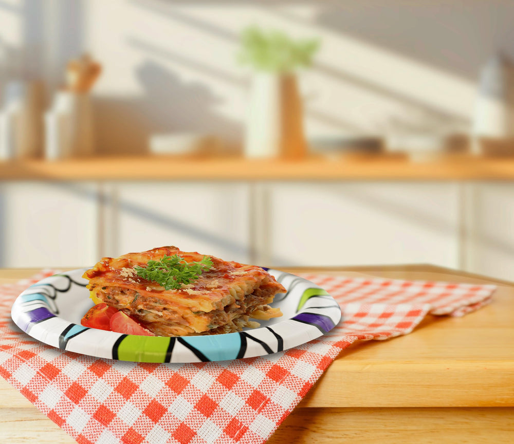 Amazon Basics microwave-safe icon on plates, convenient reheating option.