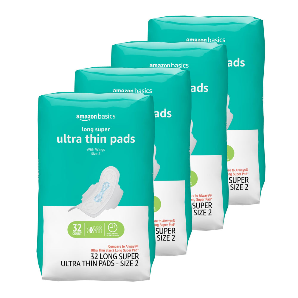 Amazon Basics Ultra Thin Pads with Flexi-Wings long length viewed in packaging, secure daily protection.