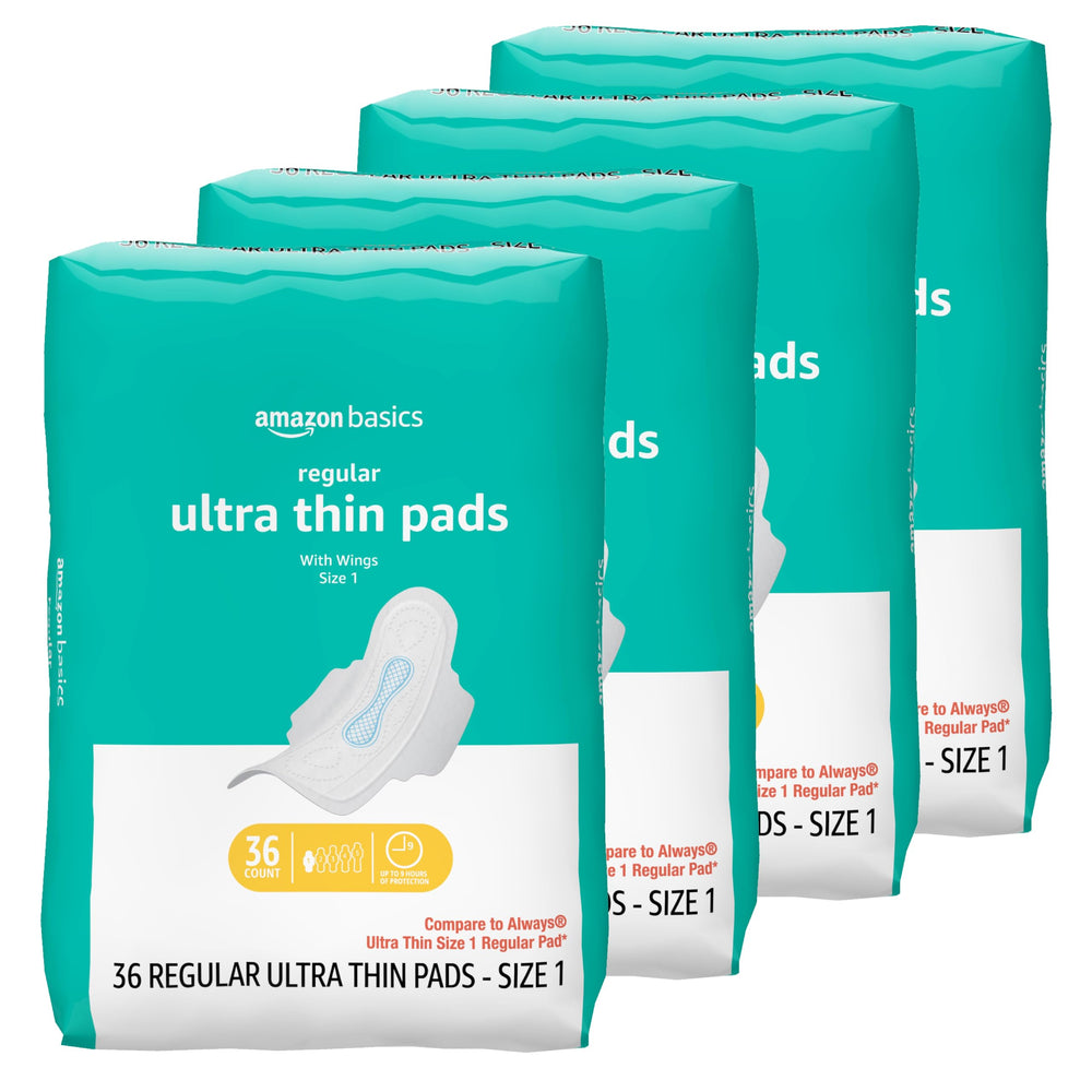 Amazon Basics ultra-thin pads with flexi-wings for secure daily protection.