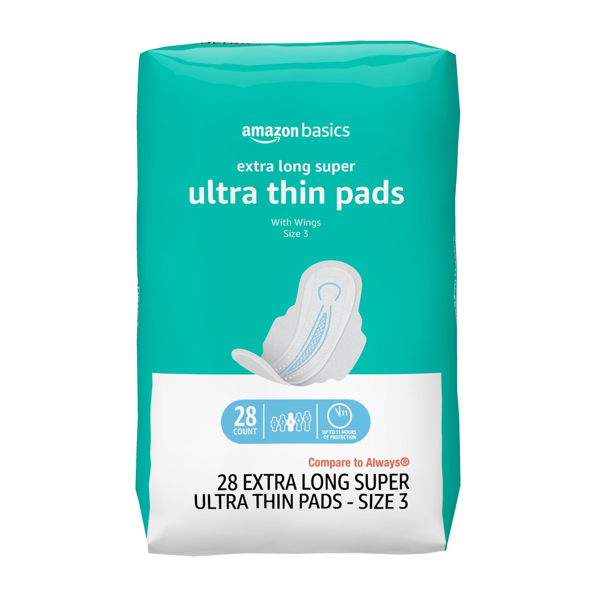 Amazon Basics Ultra Thin Pads with Flexi-Wings pack for discreet protection.