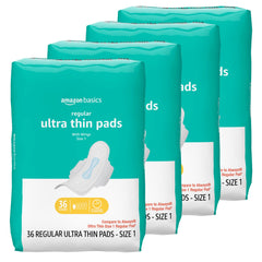Amazon Basics ultra-thin pads with flexi-wings for secure daily protection.