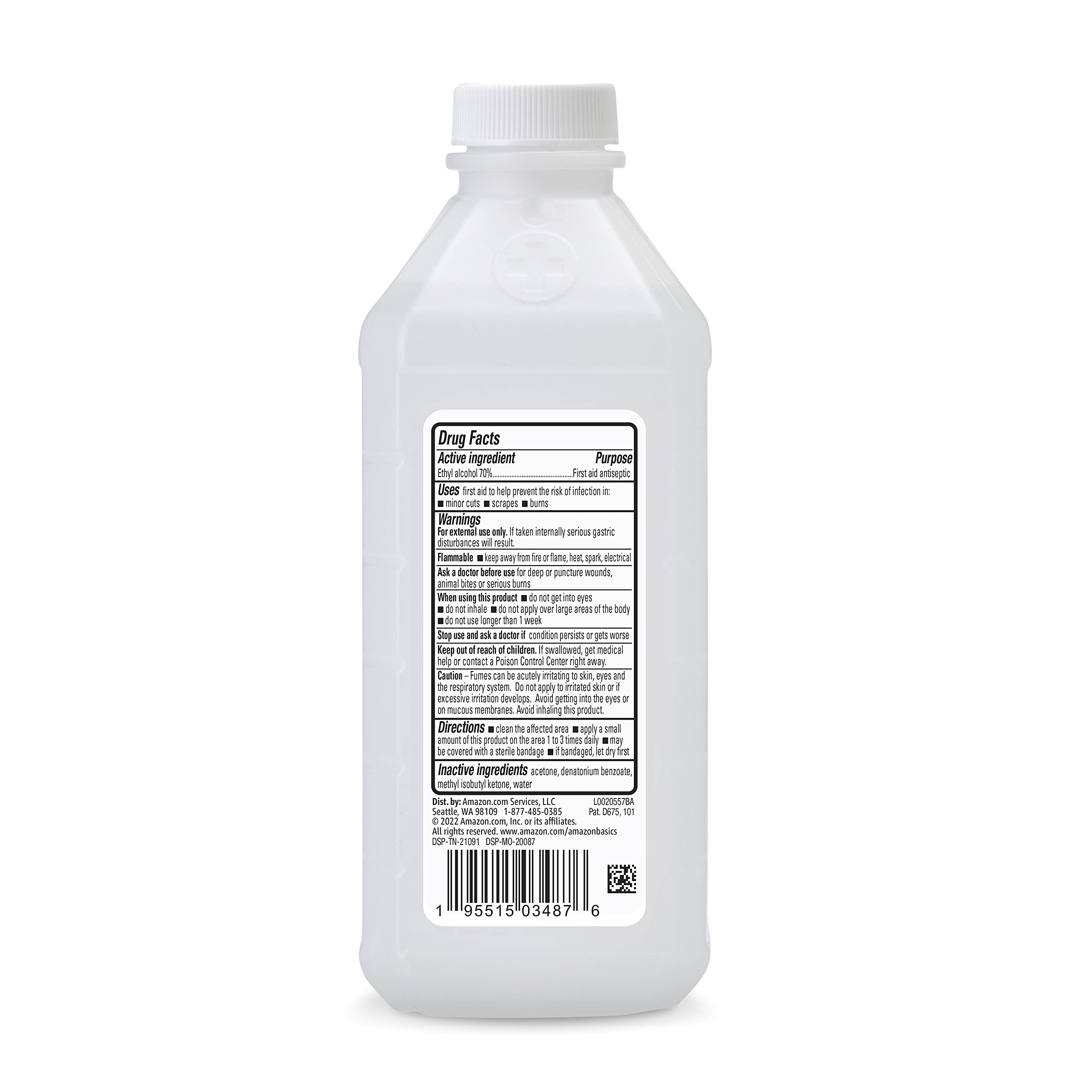 Amazon Basics rubbing alcohol bottle label shows unscented formula