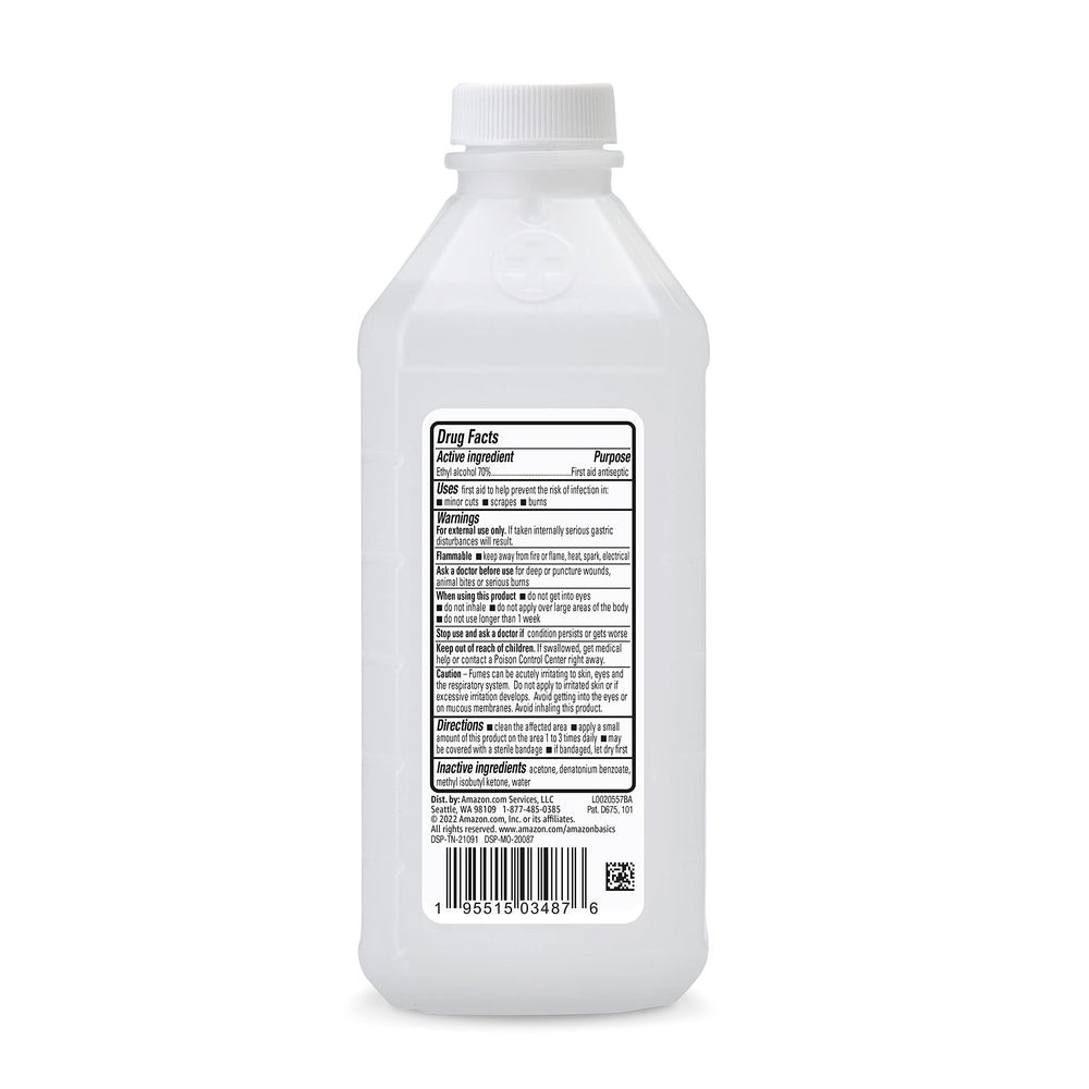 Amazon Basics rubbing alcohol bottle label shows unscented formula