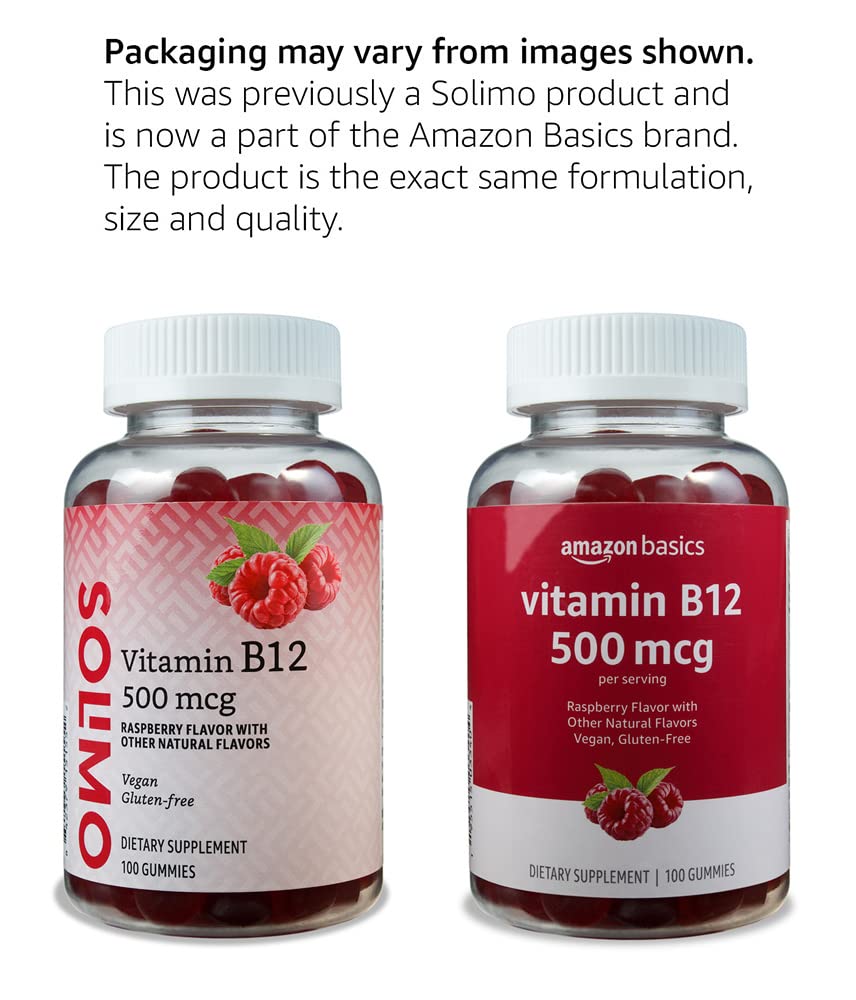 Amazon Basics Vitamin B12 Gummies label shows vegan and gluten-free claims.