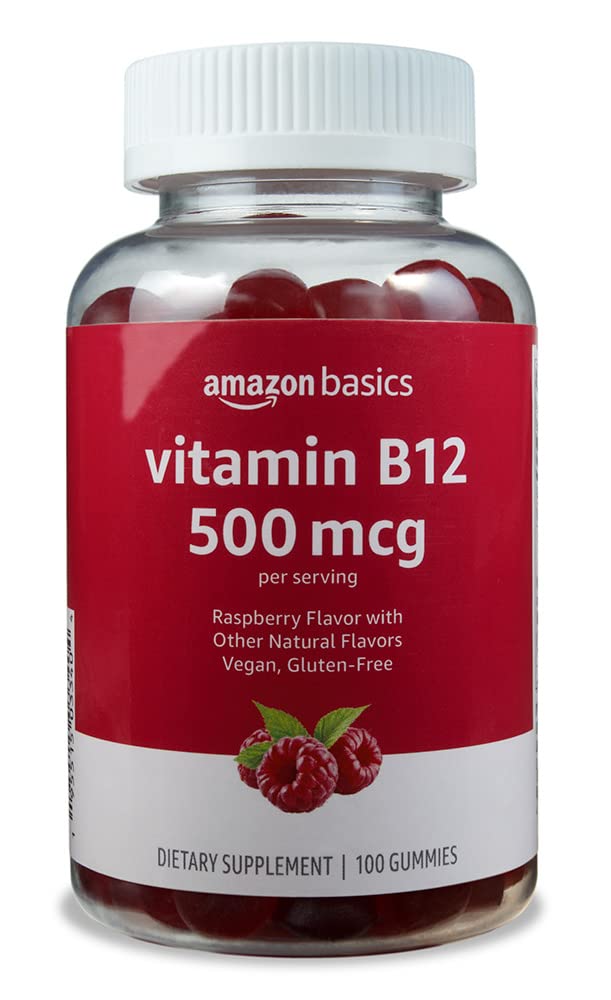Amazon Basics Vitamin B12 Gummies bottle in raspberry flavor supports daily energy.