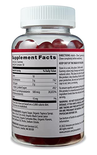 Amazon Basics Vitamin B12 Gummies jar close-up highlights raspberry flavor.
