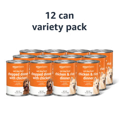 Amazon Basics wet dog food chicken and rice offering balanced nourishment.