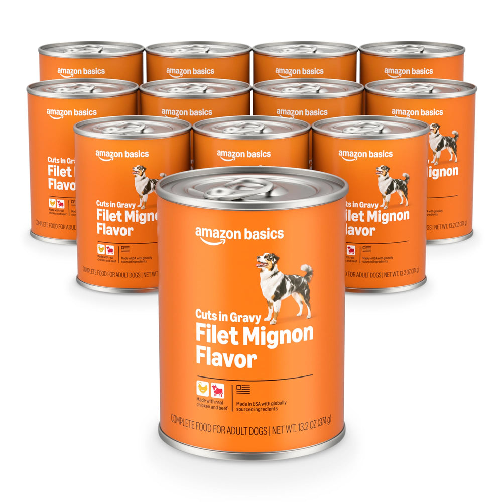 Amazon Basics Wet Dog Food can with filet mignon in gravy shows savory meat for dogs.