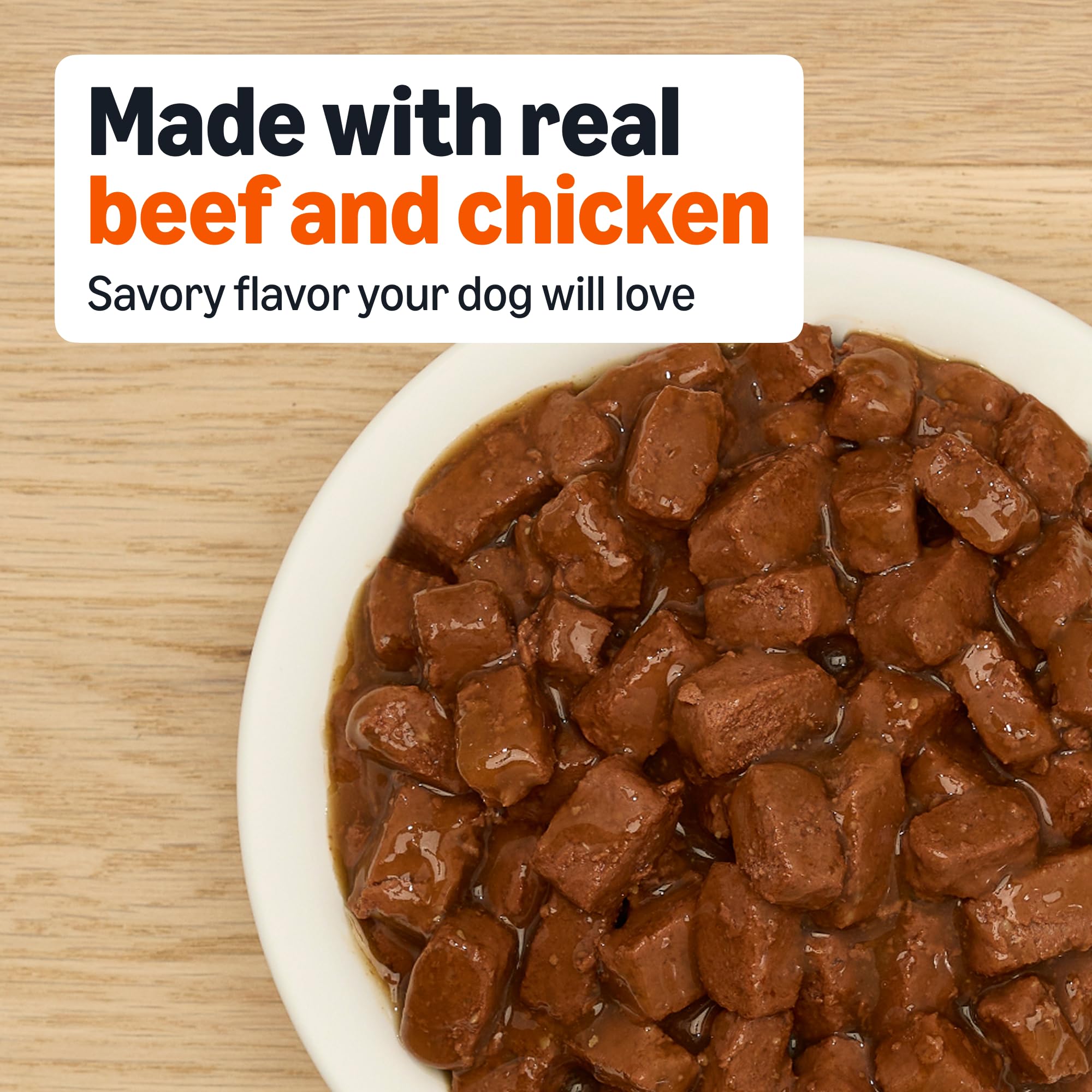 Amazon Basics Wet Dog Food filet mignon gravy on plate highlights convenient, tasty meal option.