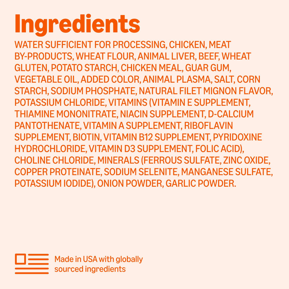 Amazon Basics Wet Dog Food ingredients label close-up informs on globally sourced components.