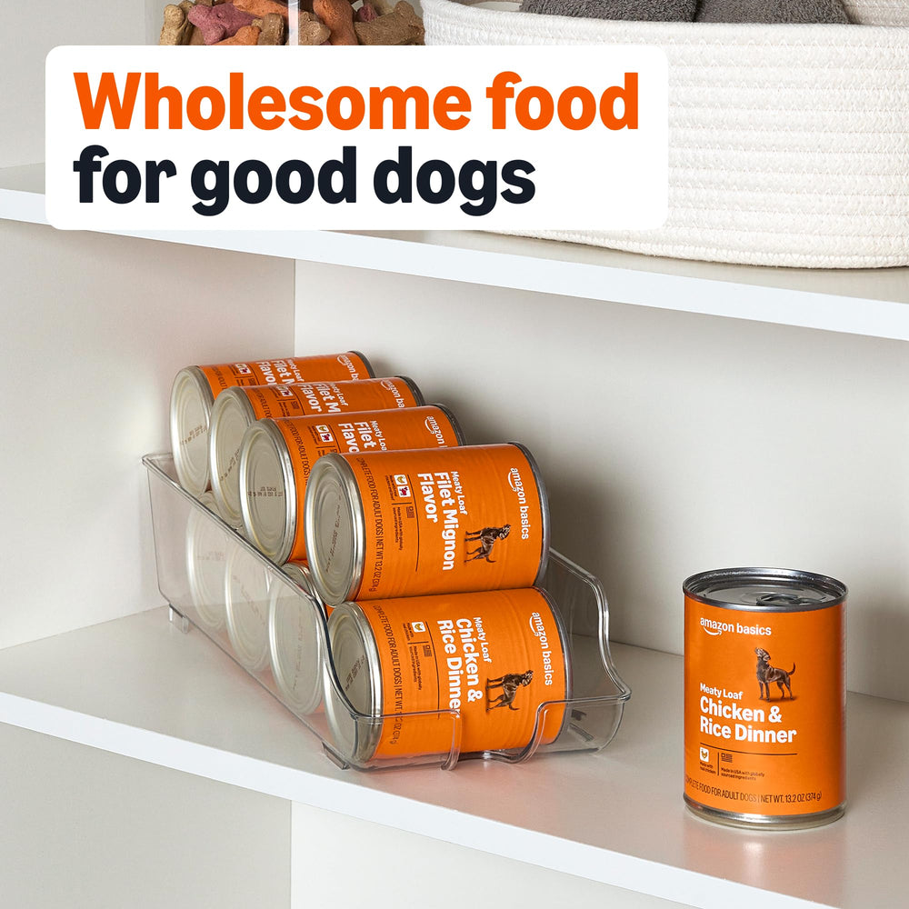 Amazon Basics variety-pack box displaying six filet mignon and six chicken rice cans