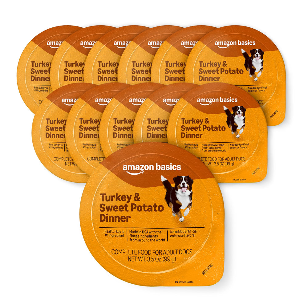 Amazon Basics wet dog food turkey and sweet potato cup, appealing daily meal.