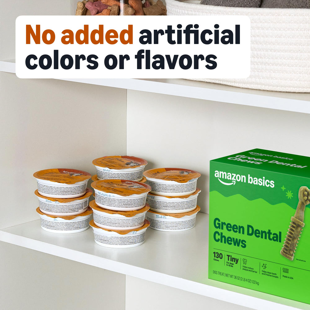 Amazon Basics USA-made label visible on dog food cups.