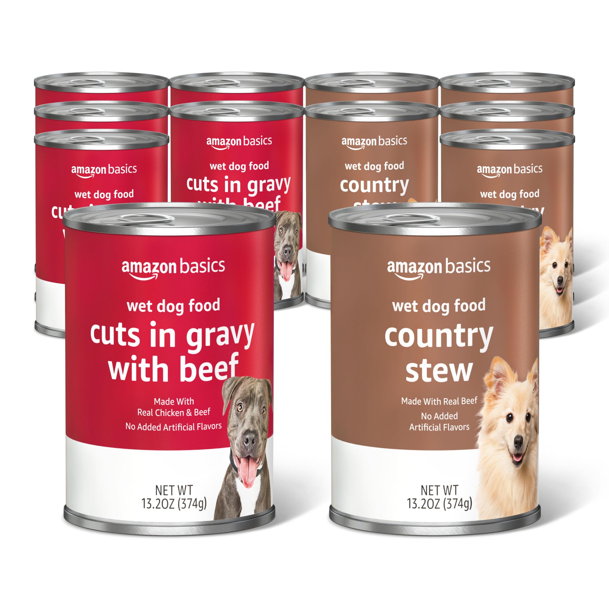 Amazon Basics wet dog food variety pack with country-stew beef cuts in gravy for dogs.