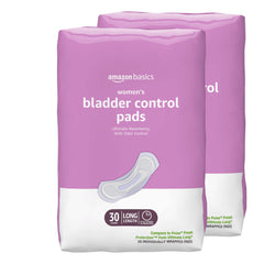 Amazon Basics women's bladder protection pads package with two 30-count packs for all-day protection.