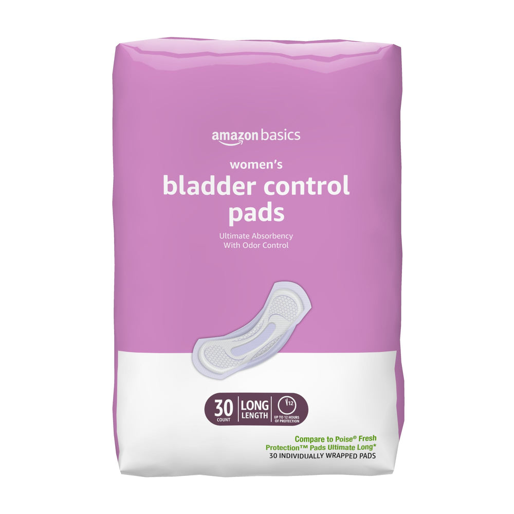 Amazon Basics bladder protection pads in packaging for discreet protection and readiness.