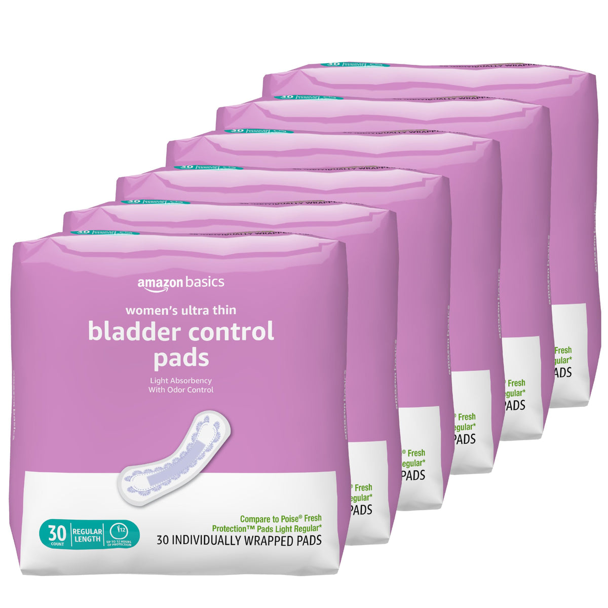 Amazon Basics women's incontinence pads packaging showing six 30-count packs for discreet use
