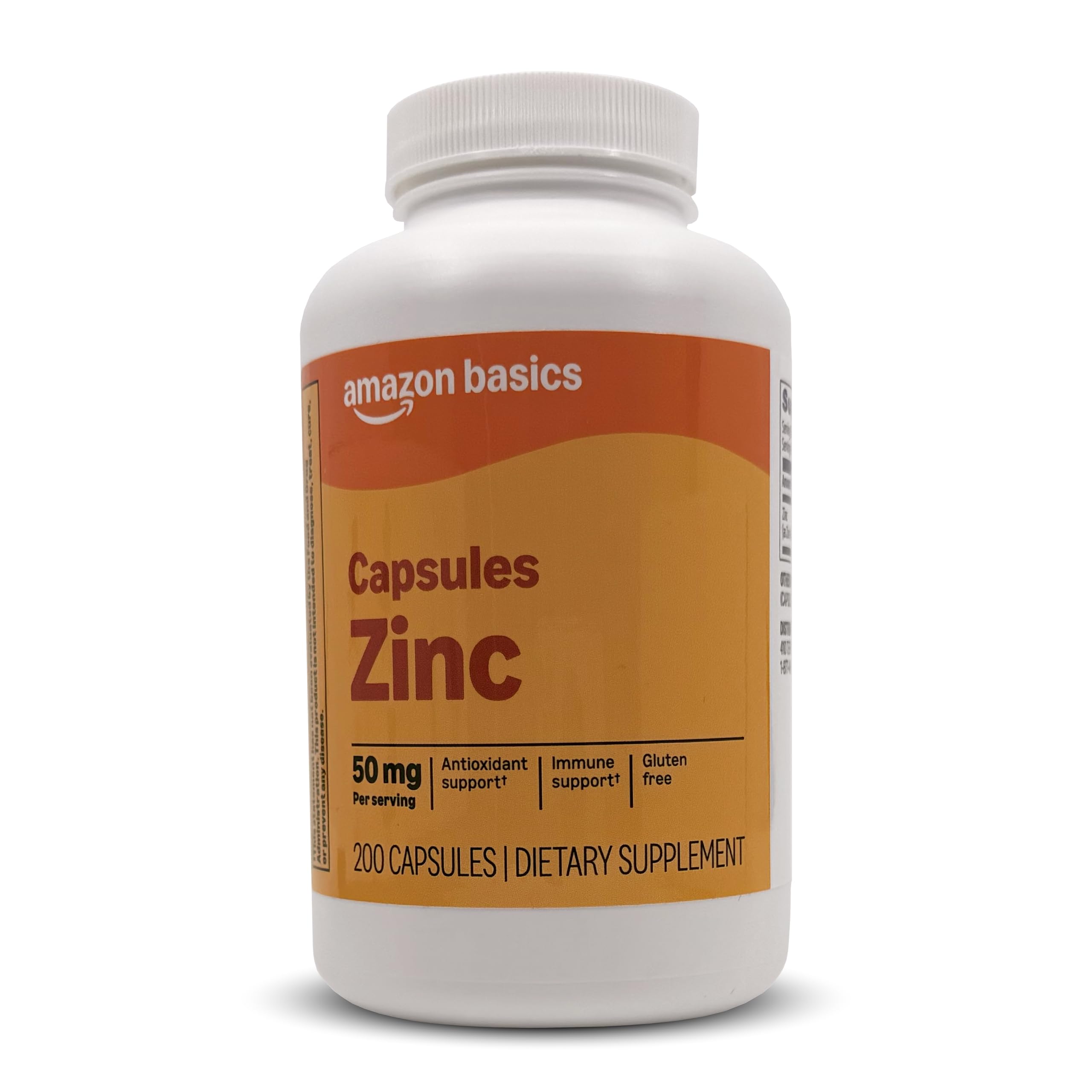 Amazon Basics zinc capsules bottle with 50 mg zinc for daily wellness.