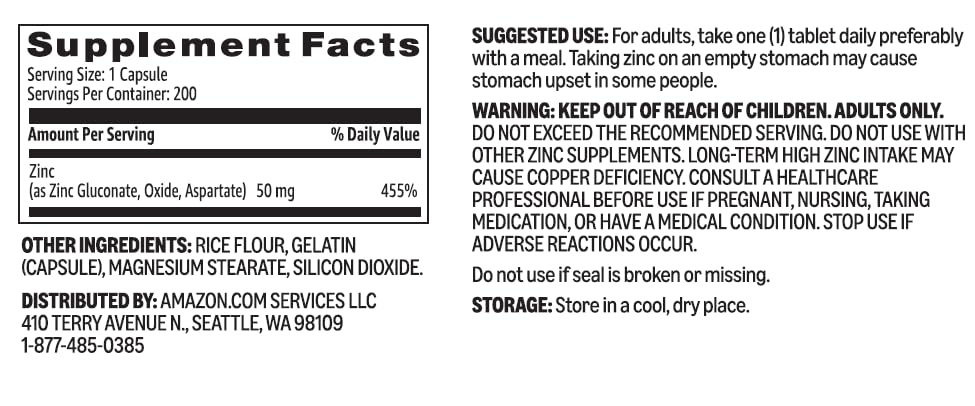 Amazon Basics zinc capsules packaging on shelf promotes simple daily use.