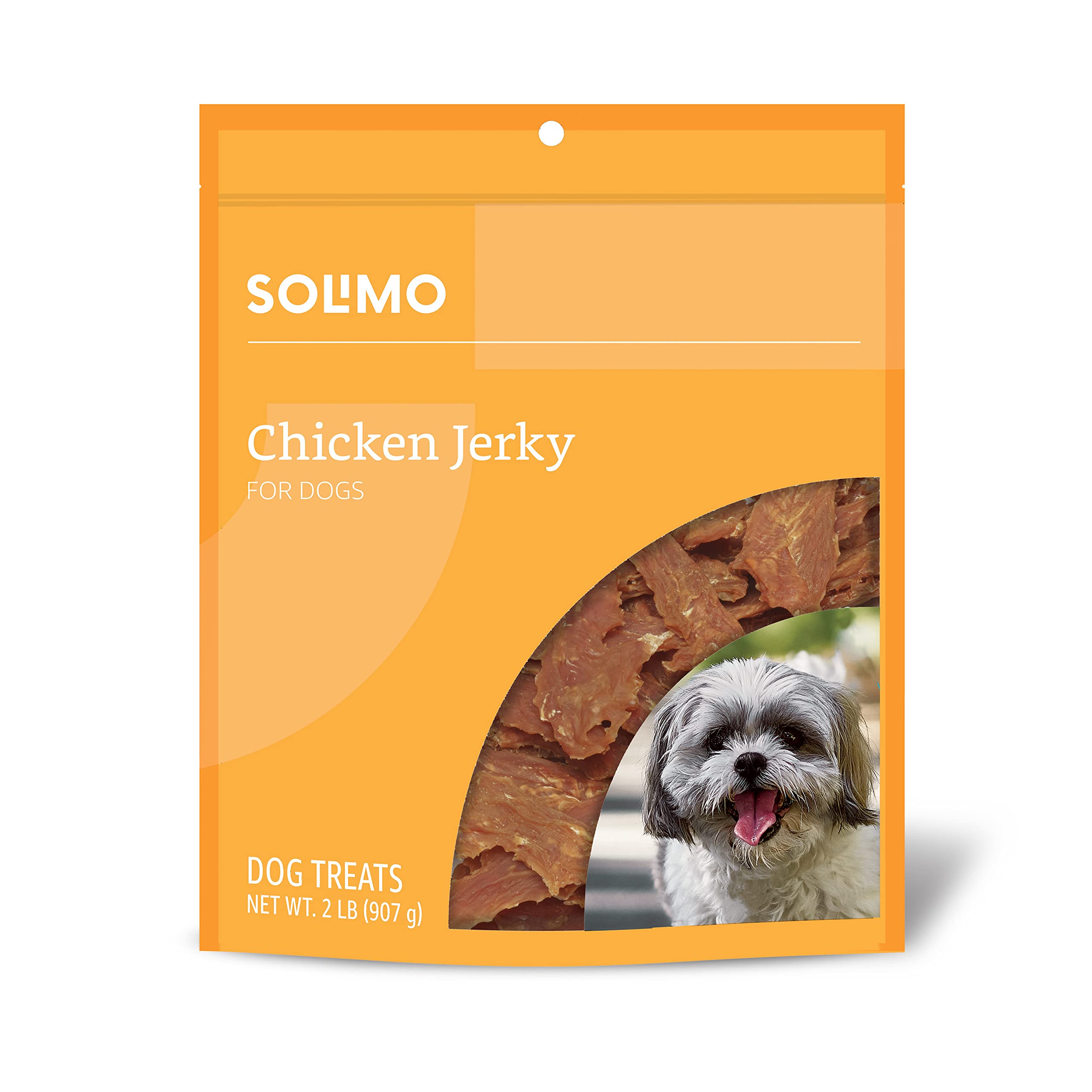 Amazon Brand Solimo chicken jerky dog treats bag shows 2 lb packaging for easy rewards