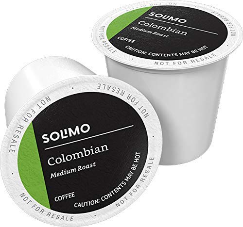 Amazon Brand Solimo Colombian coffee pods in a box for easy daily brewing.