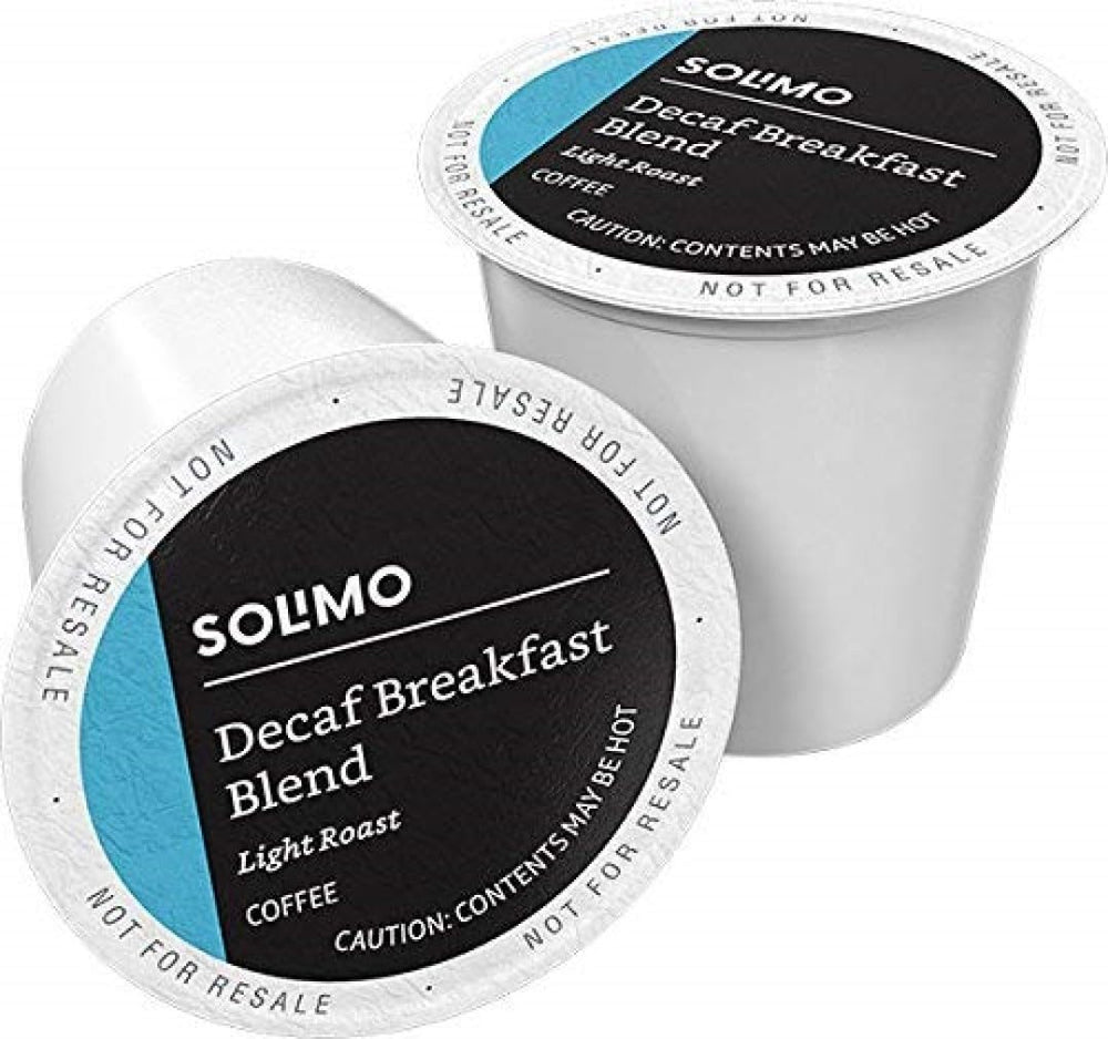 Solimo Decaf Breakfast Blend pods in a box for easy morning coffee