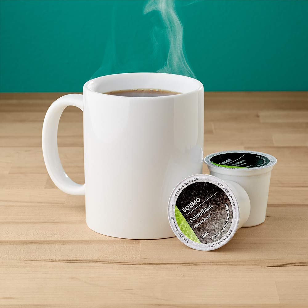 Solimo single-serve cups displayed on a shelf highlight convenient, compatible coffee.