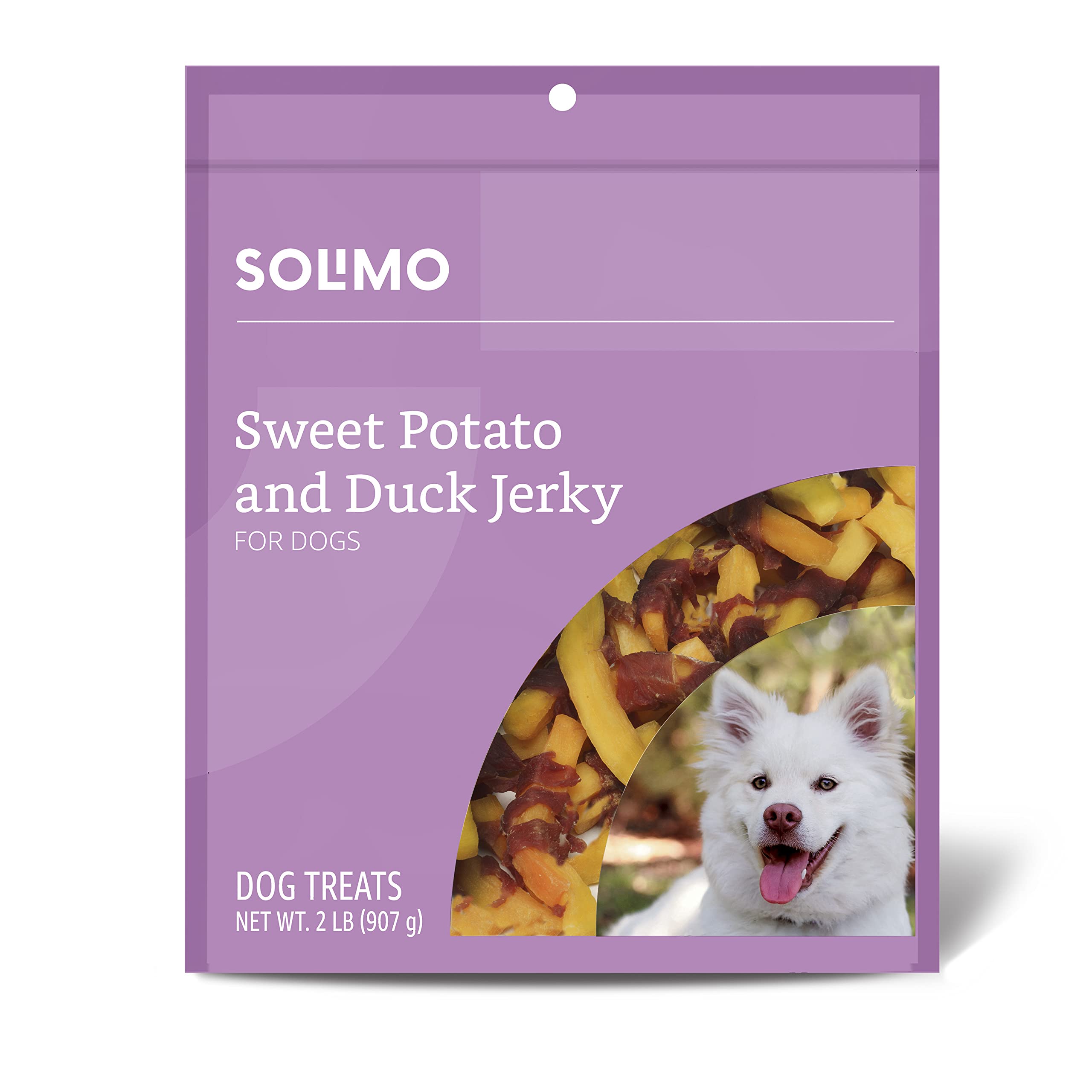 Solimo sweet potato duck jerky closeup shows chewy texture for dog rewards