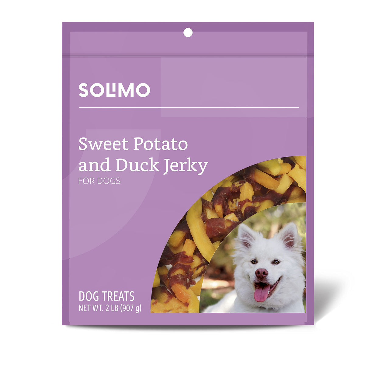 Solimo sweet potato duck jerky closeup shows chewy texture for dog rewards