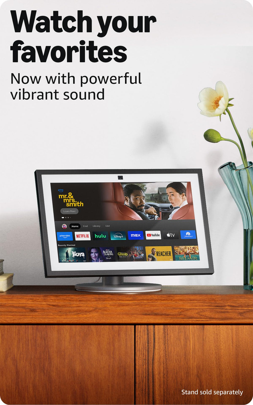 Amazon Echo Show 15 kitchen desk setup demonstrates organized widgets at a glance.