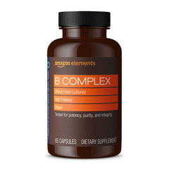 Amazon Elements B Complex bottle front showcases vegan whole-food vitamins for daily energy support